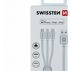 SWISSTEN DATOVÝ KABEL TEXTILE 3in1 MFi 1,2 M STŘÍBRNÝ