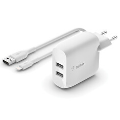 Belkin BOOST CHARGE™ Duální 24W USB-A nástěnná nabíječka + 1m lightning kabel, bílá