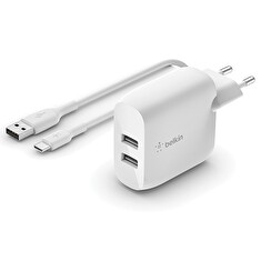 Belkin BOOST CHARGE™ Duální 24W USB-A nástěnná nabíječka + 1m USB-C kabel, bílá