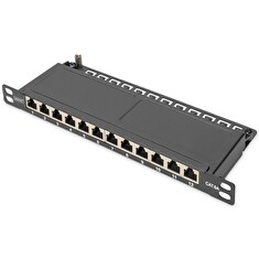 DIGITUS CAT 6A, propojovací panel třídy EA, stíněný, 12 portů, 0,5U, 10 ", černý