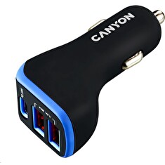 CANYON auto nabíječka C-08, 1xUSB-C (PD 18W) + 2xUSB-A, vstup 12V-24V,výstup 5V-2.4A, Smart IC,CE,RoHS - černo fialová