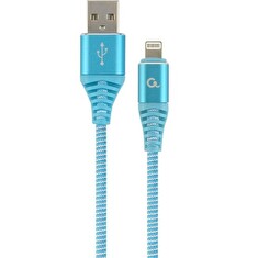 Gembird Premium cotton braided 8-pin charging and data cable, 2m, turquoise/whit