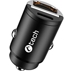 C-TECH Nabíječka USB do auta, 1x Type C + 1 x Type A, 30W, Power delivery 3.0, Quick Charge 3.0, hliníkové tělo