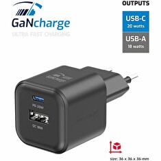 SWISSTEN SÍŤOVÝ ADAPTÉR GaN 1x USB-C 20W PD + 1x USB-A 18W QC ČERNÝ