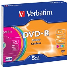 Verbatim DVD-R 4,7GB 16x Colour, 5ks - média, AZO, barevné, slim jewel