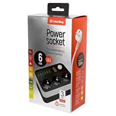COLORWAY Prodlužovací napájecí přívod/ 3x 220V výstup/ 6x USB 5V / kabel 1,8m
