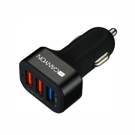 CANYON auto nabíječka C-07, 1xUSB-A Quick Charge QC3.0 + 2xUSB-A, vstup 12-24V, výstup USB/5V-2.1A+QC3.0/5V-2.4A&9V-2A