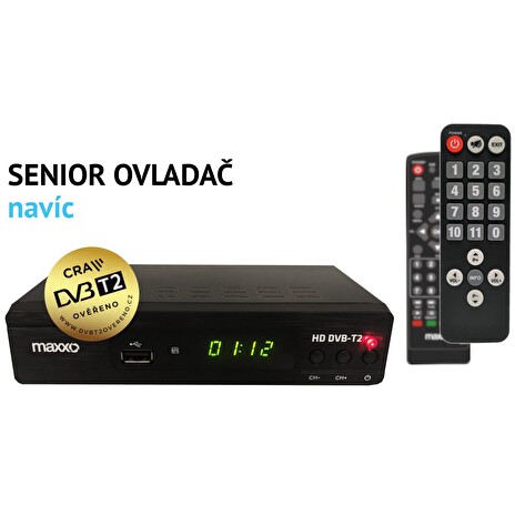 MAXXO Set Top Box DVB-T2 FullHD/ H.265 CRA ověřeno/ HDMI/ SCART/ USB + Senior ovladač