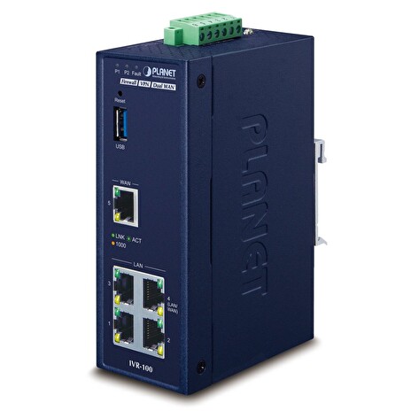 PLANET IVR-100 Router/firewall VPN/VLAN/QoS, 2xWAN(SD-WAN), 3xLAN, IP30, -40 až +75°C, 9-48VDC