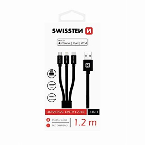 SWISSTEN DATOVÝ KABEL TEXTILE 3in1 MFi 1,2 M ČERNÝ