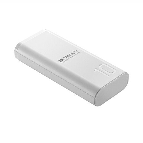 CANYON powerbanka PB-103, 10000mAh Li-poly, Input 5V/2A, Output 5V/2.1A, Smart IC, USB kabel 0.25m, bílá