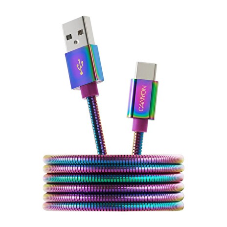 CANYON Nabíjecí kabel USB C/USB A 2.0, kovový plášť, délka 1,2 m, duhová