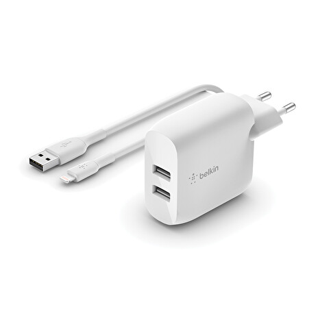 Belkin BOOST CHARGE™ Duální 24W USB-A nástěnná nabíječka + 1m lightning kabel, bílá