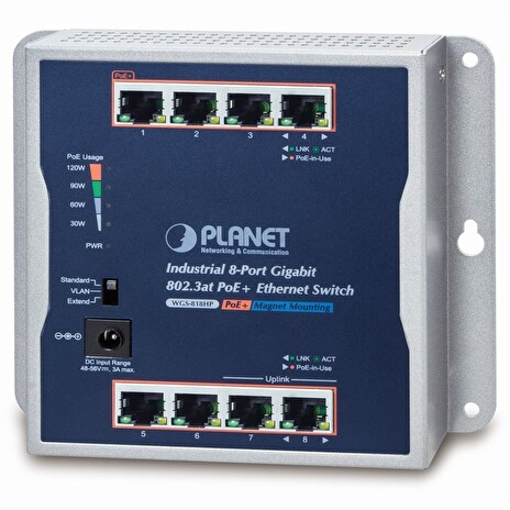 PLANET průmyslový plochý switch 8x 1Gb, 8x PoE 30/120W, 48-56V, IP30, -20/60st, fanless
