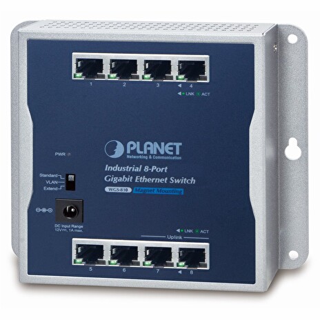 PLANET průmyslový plochý switch 8x 1Gb, 12VDC, IP30, -20/60st, fanless