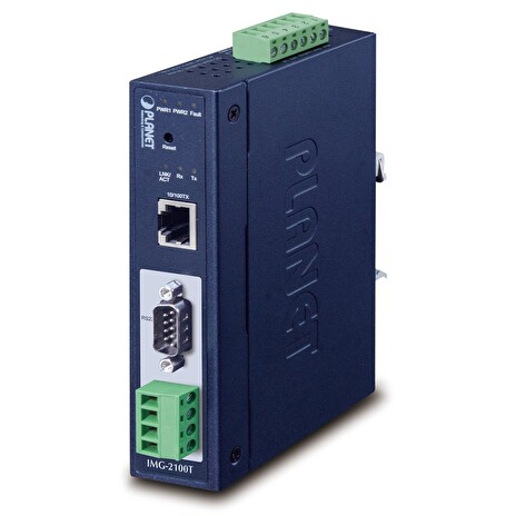 PLANET MODBUS průmyslová brána RS-232/422/485 na IP, 1x COM, 100Base-TX, RTU/ACSII, -40až+75°C, 9-48VDC, IP30