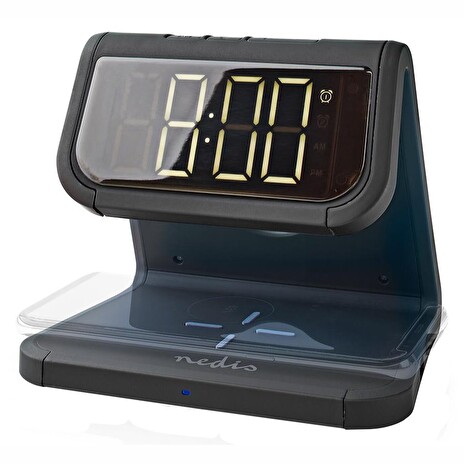 NEDIS budík/ bezdrátová nabíječka/ Qi certifikace/ vícebarevné noční svítidlo/ 5VDC/9VDC/ 1.0A/1.1A/ USB/ černý