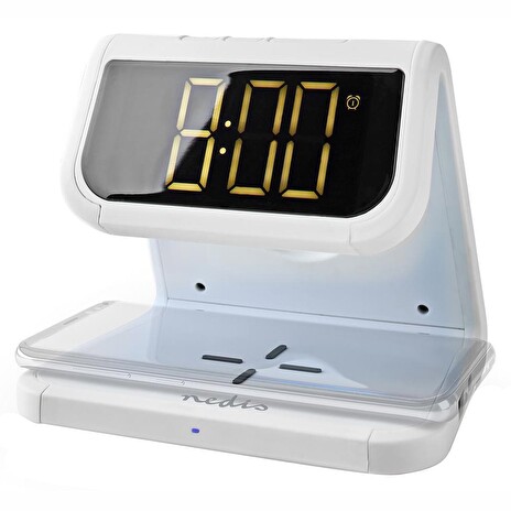 NEDIS budík/ bezdrátová nabíječka/ Qi certifikace/ vícebarevné noční svítidlo/ 5VDC/9VDC/ 1.0A/1.1A/ USB/ bílý