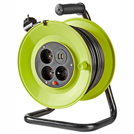 NEDIS kabelový buben/ 3x 1,5 mm2/ 3x zásuvka/ tepelná elektrická pojistka/ Typ E/ USB/ zeleno-černá/ 25 m