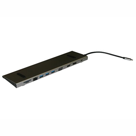 XtendLan Dokovací stanice 11in1 USB-C, HDMI(F)4k, DisplayPort(F) 4k,VGA(F), Gigabit LAN, 3xUSB3.0, SD/TF, 3.5mm,USB C PD