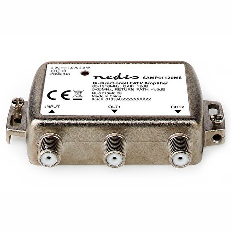 NEDIS zesilovač CATV/ maximální zesílení 12dB/ 85-1218 MHz/ 2 výstupy/ zpětný kanál - 4,5 dB/ 5-65 MHz/ konektor F/ šedý