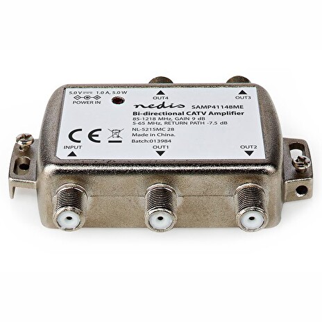 NEDIS zesilovač CATV/ maximální zesílení 9 dB/ 85-1218 MHz/ 4 výstupy/ zpětný kanál - 7,5 dB/ 5-65 MHz/ konektor F/ šedý