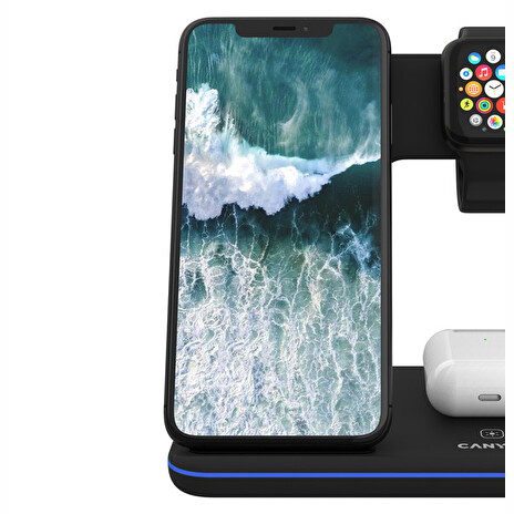 CANYON Bezdrátová nabíječka WS-303B,3v1,vstup 9V/2A,12V/2A,výstup 15/10/7.5/5W, USB-C > USB-A, vč. AC adaptéru,černá