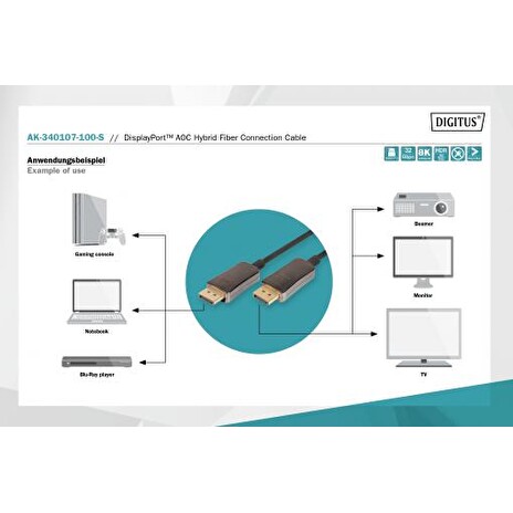 Digitus DisplayPort AOC hybridní připojovací kabel M/M, 10m, UHD 8K@60Hz, CE, zlato, bl