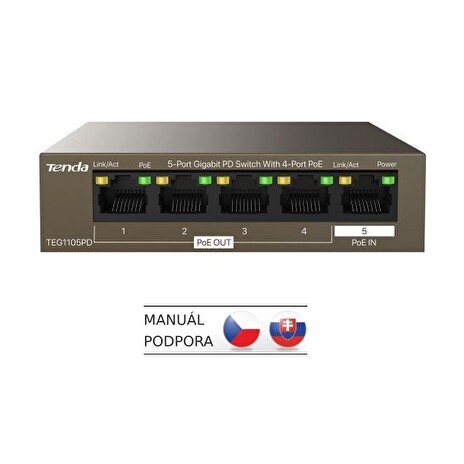 Tenda TEG1105PD PoE PD Gigabit switch, 1x PoE IN, 4x PoE OUT 802.3af, 5x 1 Gb/s, max. 30W, fanless