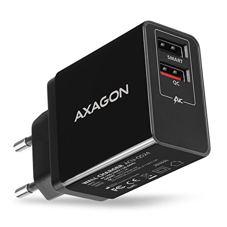 AXAGON ACU-QS24, QC & SMART nabíječka do sítě 24W, 2x USB-A port, QC3.0/AFC/FCP + 5V/1.2A