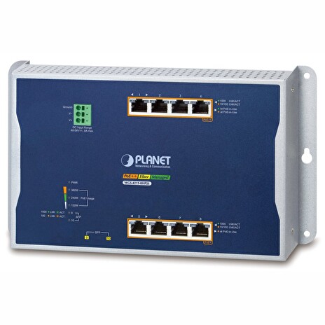 Planet WGS-4215-8HP2S plochý L4 switch, 8x1Gb, 2x1Gb SFP, 4+4 PoE 802.3at/bt 360W, 48-56VDC, -40~75°C, IP30, fanless