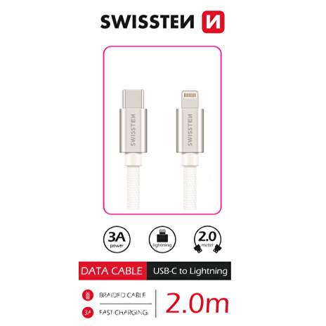 SWISSTEN DATOVÝ KABEL TEXTILE USB-C / LIGHTNING 2,0 M STŘÍBRNÝ