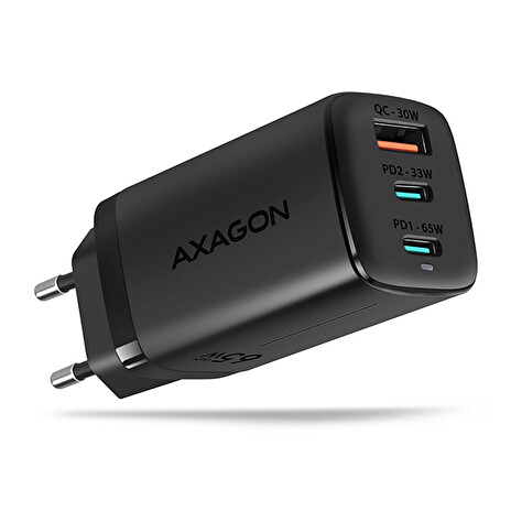 AXAGON ACU-DPQ65, GaN nabíječka do sítě 65W, 3x port (USB-A + dual USB-C), PD3.0/QC4+/PPS/Apple