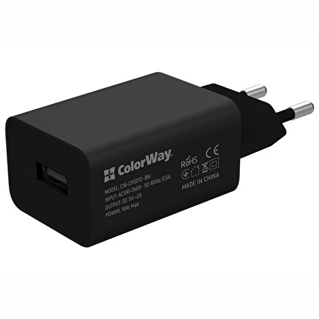 COLORWAY 1x USB/ síťová nabíječka/ 10W/ 100V-240V/ Černá