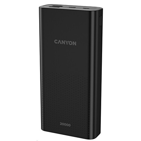 CANYON powerbanka PB-2001, 20000mAh Li-poly, Input 5V/2A microUSB + USB C, Output 5V/2.1A USB-A, černá