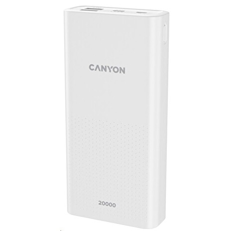 CANYON powerbanka PB-2001, 20000mAh Li-poly, Input 5V/2A microUSB + USB C, Output 5V/2.1A USB-A, bílá