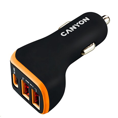 CANYON auto nabíječka C-08, 1xUSB-C (PD 18W) + 2xUSB-A, vstup 12V-24V,výstup 5V-2.4A, Smart IC,CE,RoHS - černo oranžová