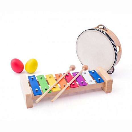 Hračka Woody Muzikální set (xylofon, tamburína/bubínek, triangl, 2 maracas vajíčka)