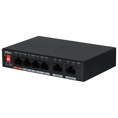 DAHUA PoE switch 6x 100Mb, 4x PoE 802.3af/at/Hi-PoE, celkem PoE 60W, extend mód 10Mb/s do 250m