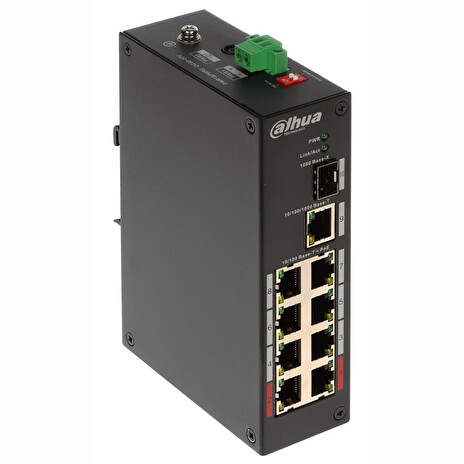 DAHUA PoE switch 8x 100Mb + 1x 1Gb + 1x SFP, 6x PoE 802.3af/at, 2x 802.3bt/Hi-PoE 60/90W, max. 96W, DIN, IP30, -30~65°C