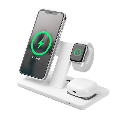 Stojánek FIXED MagPowerstation s bezdrátovým nabíjením 3 v 1 a uchycení Magsafe, 15W + 15W + 15W, bílý