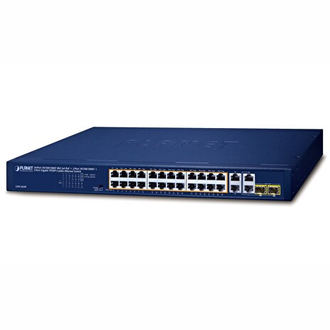 Planet GSW-2824P PoE switch, 26x 1Gb + 2x SFP 1Gb, VLAN, extend mód 10Mb-250m, 802.3at, 802.3az, 250W PoE Budget