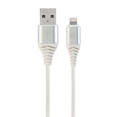Gembird Premium cotton braided 8-pin charging and data cable, 2m, silver/white