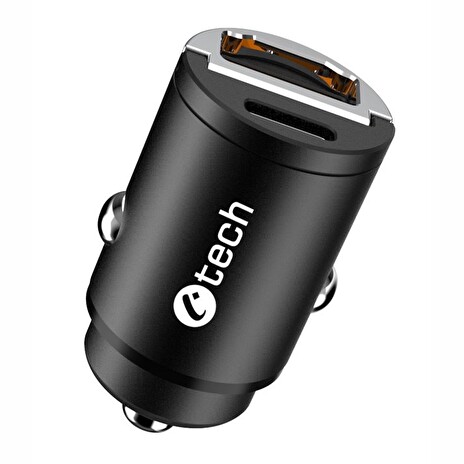 C-TECH Nabíječka USB do auta, 1x Type C + 1 x Type A, 30W, Power delivery 3.0, Quick Charge 3.0, hliníkové tělo