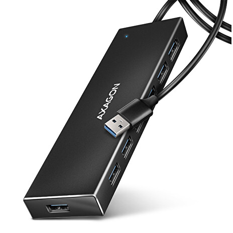 AXAGON HUE-F7A, 7x USB 3.2 Gen 1 ALU FLAT CHARGING hub, micro USB napájecí konektor, kabel USB-A 1m