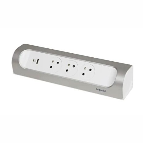 LEGRAND Revolution zásuvkový blok rohový 3x2P+T/USB A+C, bez kabelu, bílá-hliník
