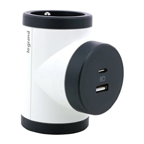 LEGRAND Revolution rozbočovač otočný 2x2P+T, nabíječka USB A+C, bílo-šedá