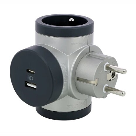 LEGRAND Revolution rozbočovač otočný 3x2P+T, nabíječka USB A+C, hliník