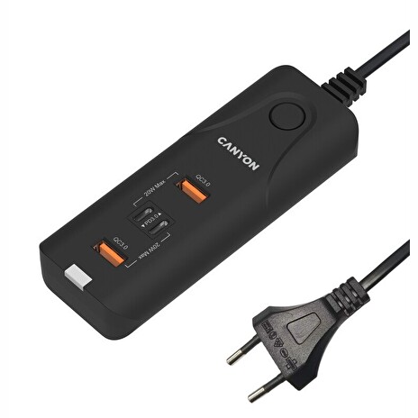 CANYON nabíječka H-10 do sítě 2xUSB-C (PD 20W) + 2x USB-A (QC 3.0 18W), ochrana, 100V-240V, výstup až 40W, 1m, černá