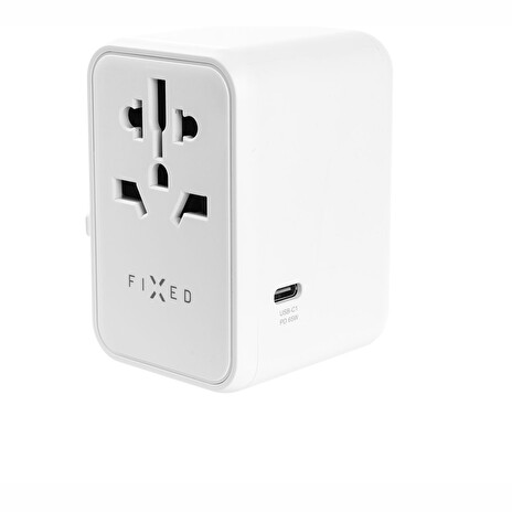 Adaptér FIXED Cestovní pro EU, UK a USA/AUS, s 3xUSB-C a 2xUSB výstupem, GaN, PD 65W, bílý